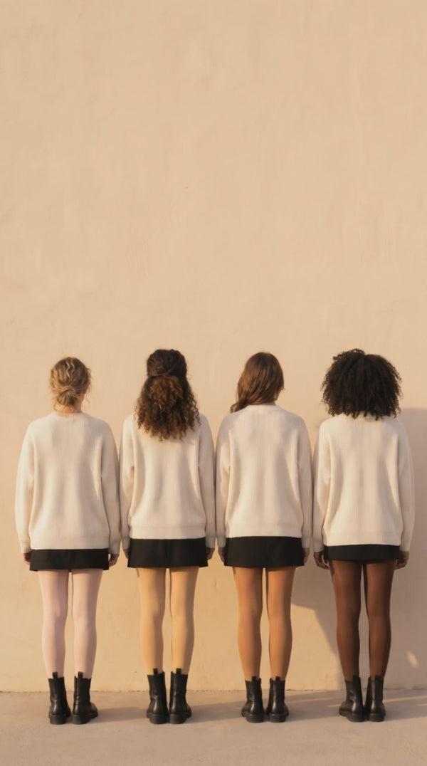 Friends wearing Sheerly tights in four shades